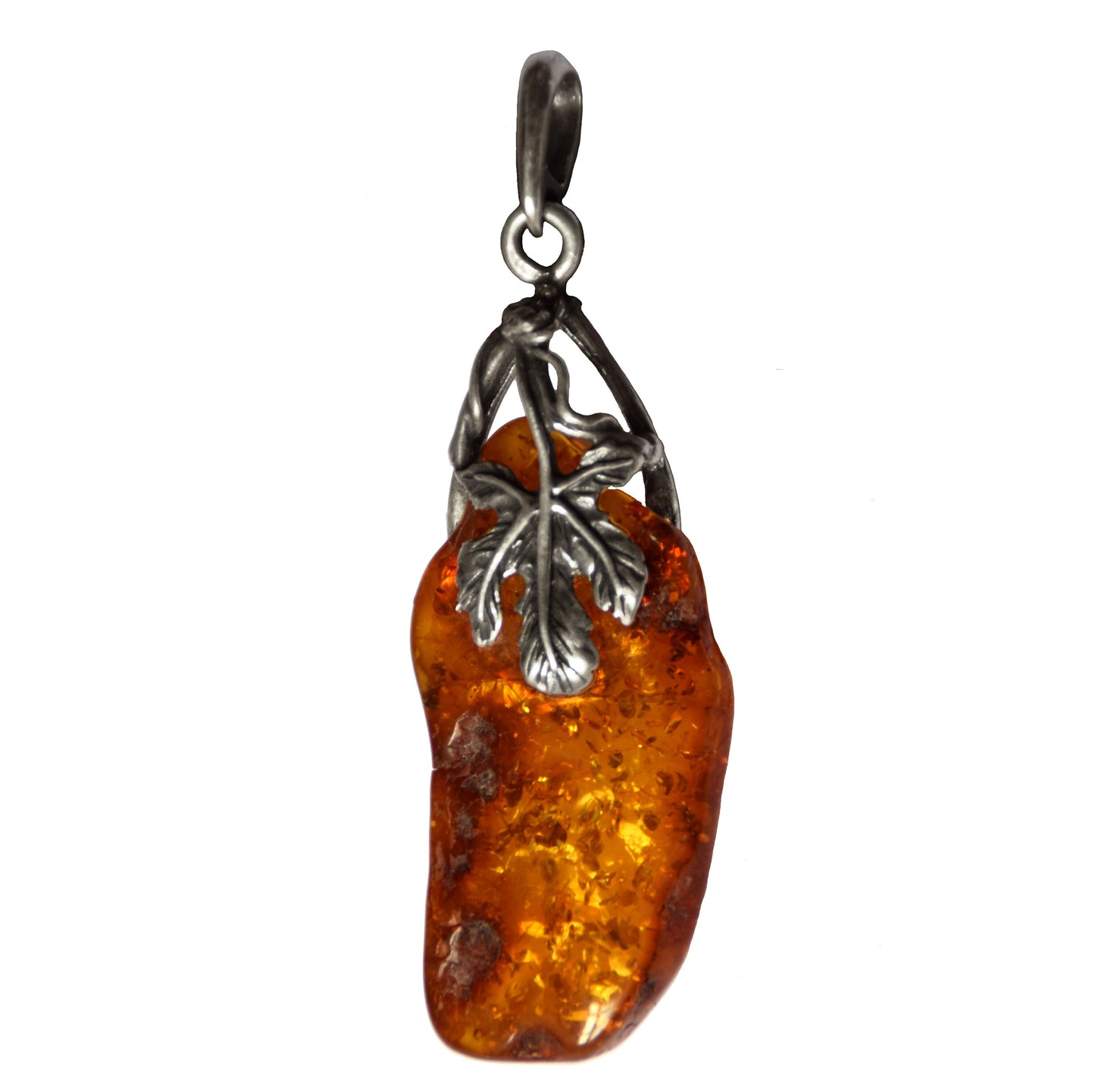 MJ Baltica, pendant, natural Baltic amber, 925 silver, large, irregular, luminous, leaf, BW114