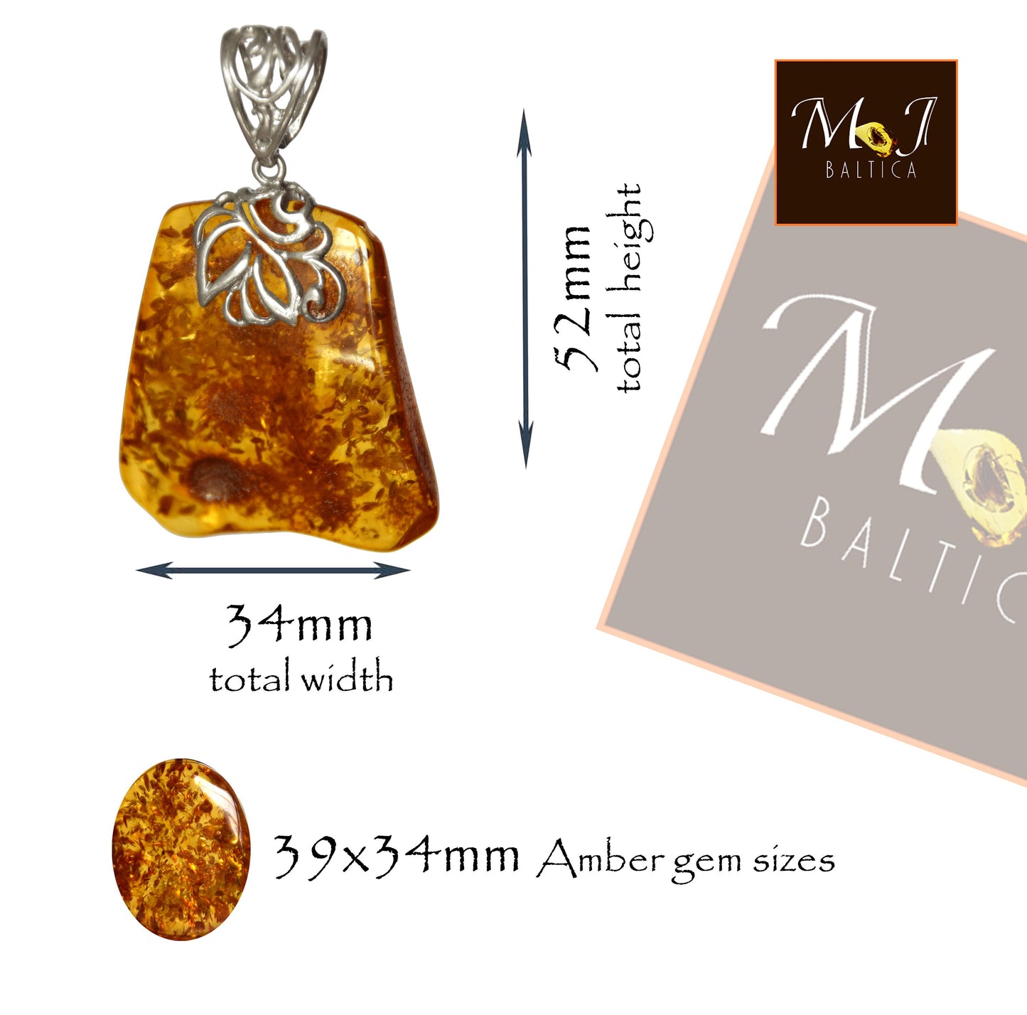 MJ Baltica, pendant, natural Baltic amber, 925 silver, large, luminous, square, BW116