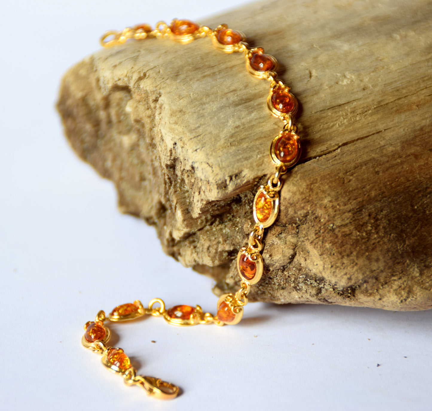 Elegant vintage-style bracelet with natural cognac Amber and 14k Gold-plated 925 Sterling Silver, MJ Baltica, BZB022