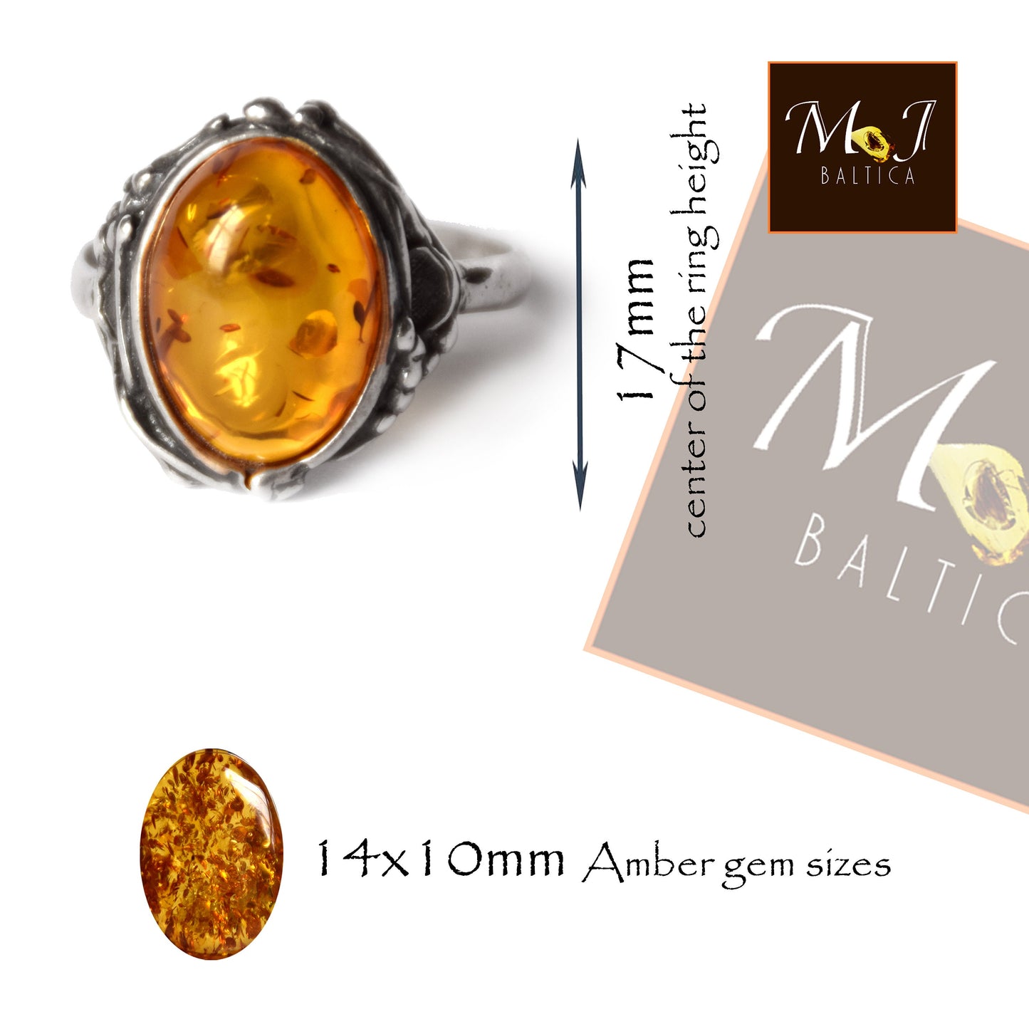 MJ Baltica, anello, Ambra naturale Baltica, Argento 925, artigianale, classico, cognac, grande, BP084