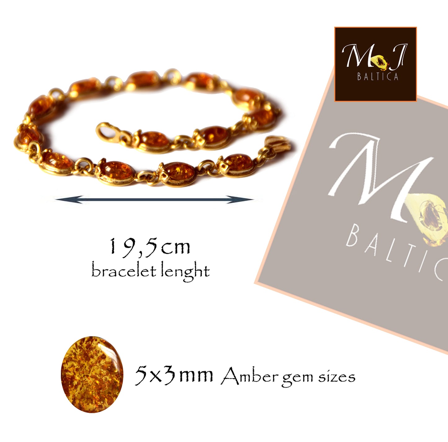 Elegant vintage-style bracelet with natural cognac Amber and 14k Gold-plated 925 Sterling Silver, MJ Baltica, BZB022