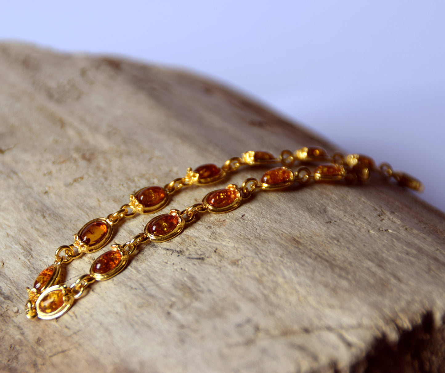 Elegant vintage-style bracelet with natural cognac Amber and 14k Gold-plated 925 Sterling Silver, MJ Baltica, BZB022