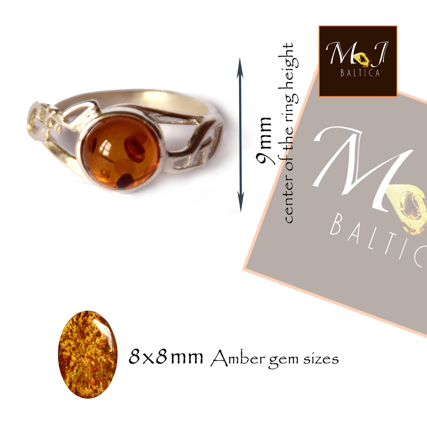 MJ Baltica, ring, natural Baltic amber, 925 silver, handcrafted, modern, luminous, cognac, BP085