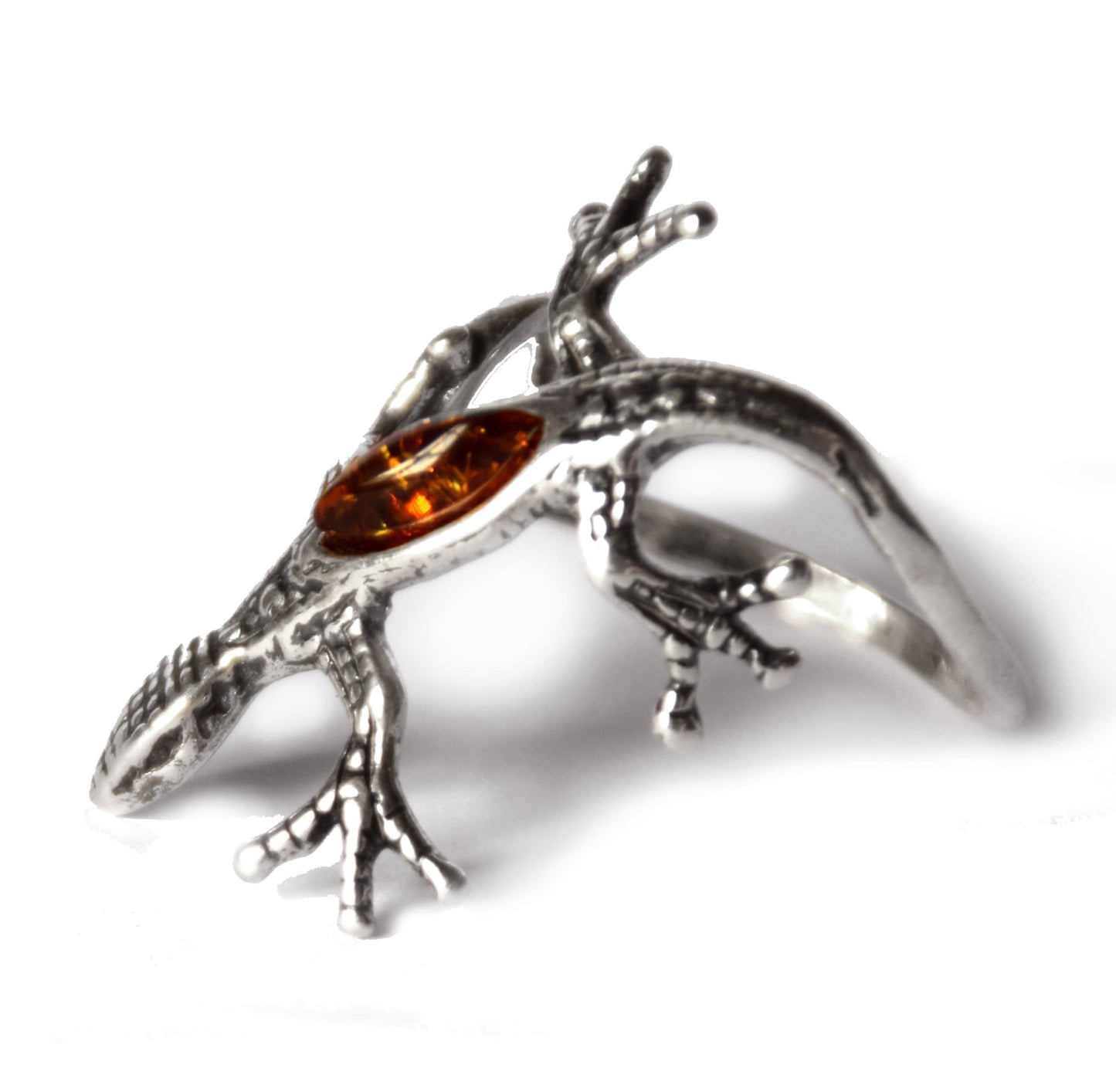 MJ Baltica, ring, natural Baltic amber, 925 silver, gecko, lizard, wraps, luminous, band, BP086