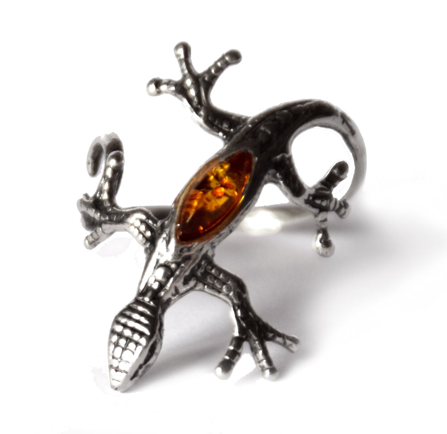 MJ Baltica, ring, natural Baltic amber, 925 silver, gecko, lizard, wraps, luminous, band, BP086