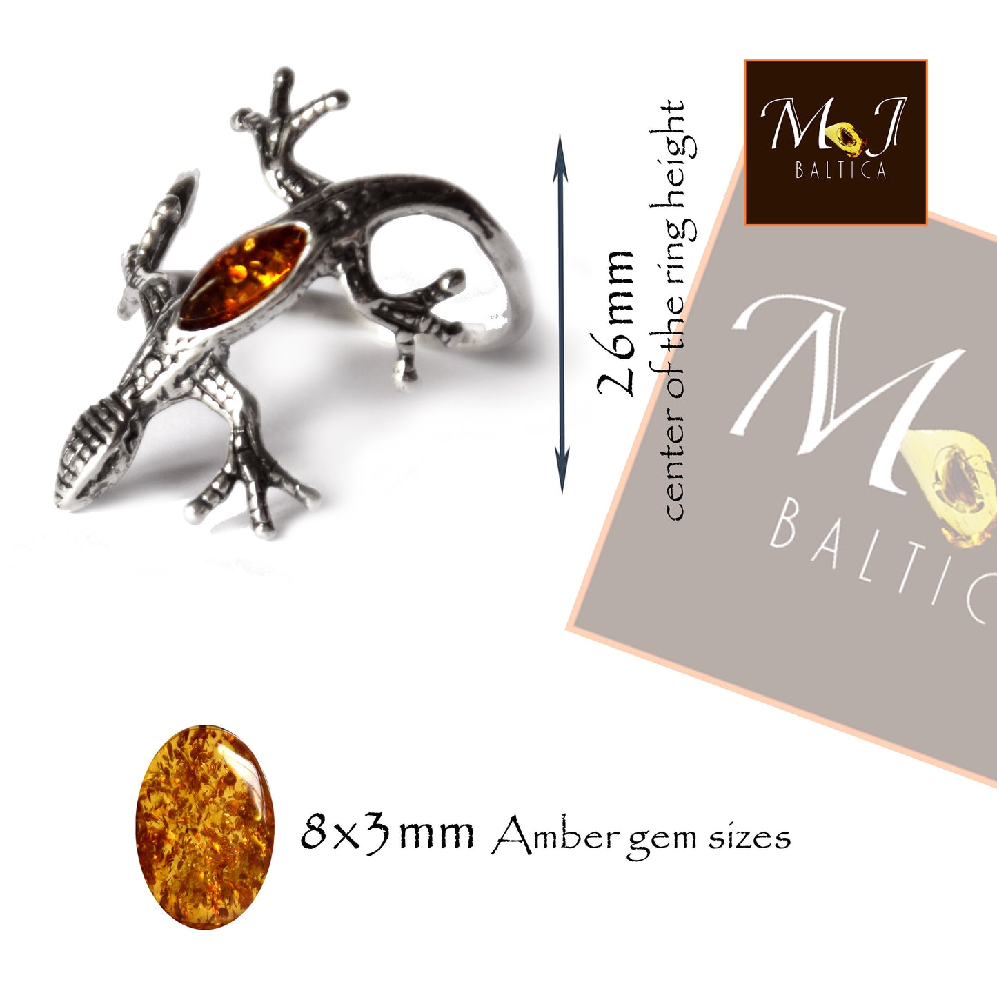 MJ Baltica, ring, natural Baltic amber, 925 silver, gecko, lizard, wraps, luminous, band, BP086